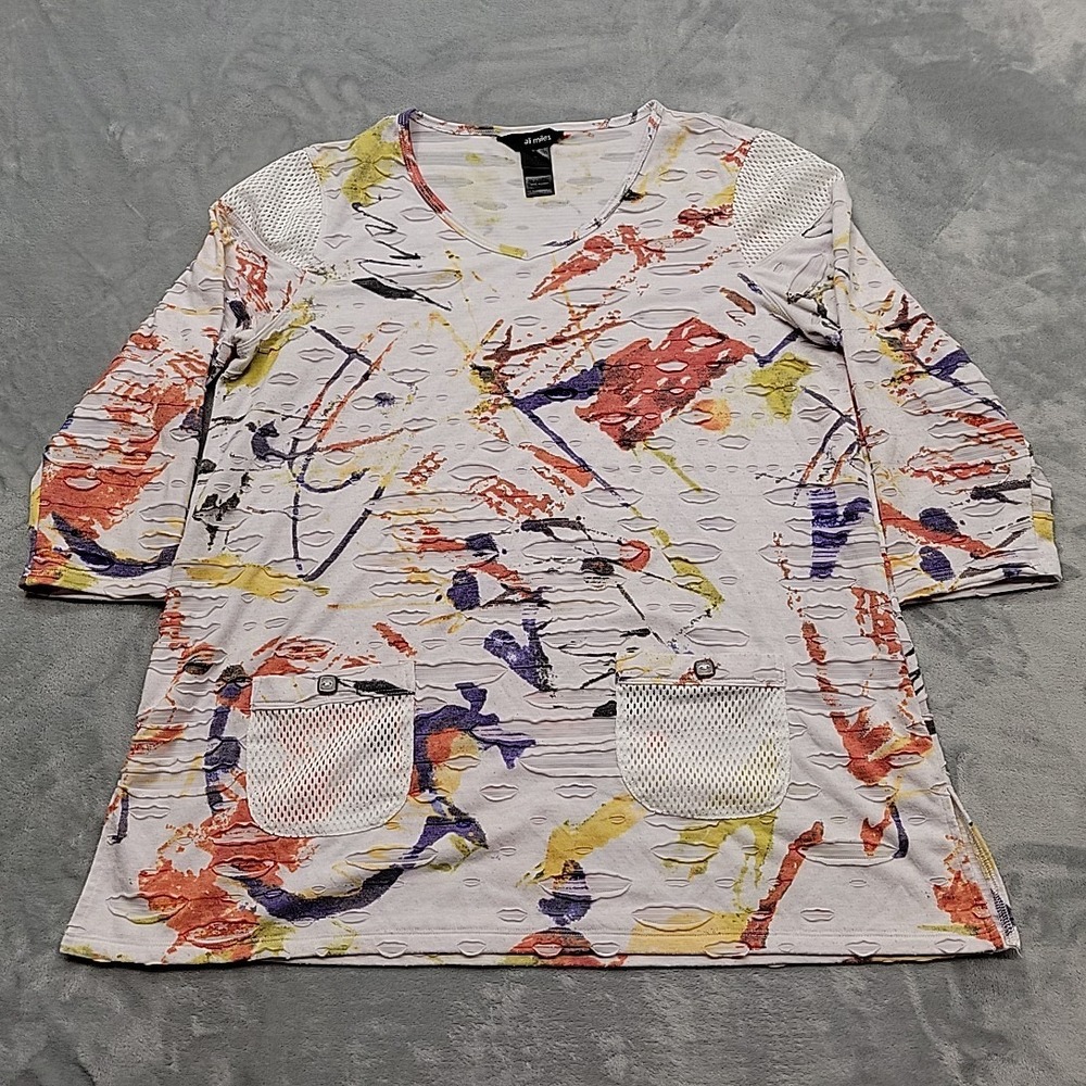Ali Miles Shirt Womens M White Abstract Print Mesh Pocket 3/4 Sleeve Slit Hem